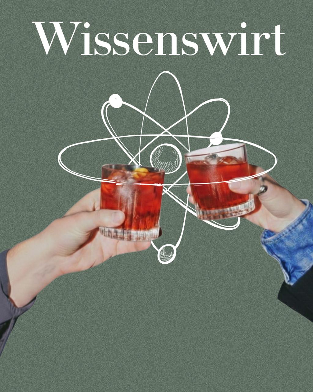 Wissenswirt Logo mit zwei Getränken und Atomzeichnung